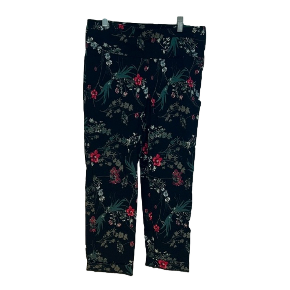 Size M: Black, Cuffed Pants with a Floral Print.